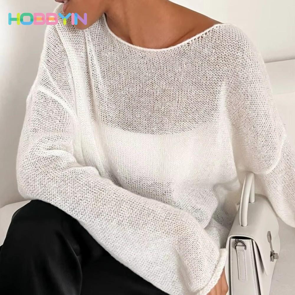 Áo len dệt kim rỗng HOBBYIN, Áo len chui đầu nhẹ xuyên thấu, Áo thun dệt kim cổ tròn cỡ lớn cổ tròn thoáng khí