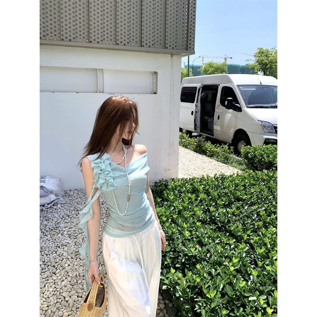 Milyfashion Pure Desire Xoay Cổ Streamer Không Tay Thiết Kế Mùa Hè Cảm Thấy Móc Áo Sơ Mi Nhỏ Hơi Trong Suốt Gạc Sang Trọng Ngắn Top