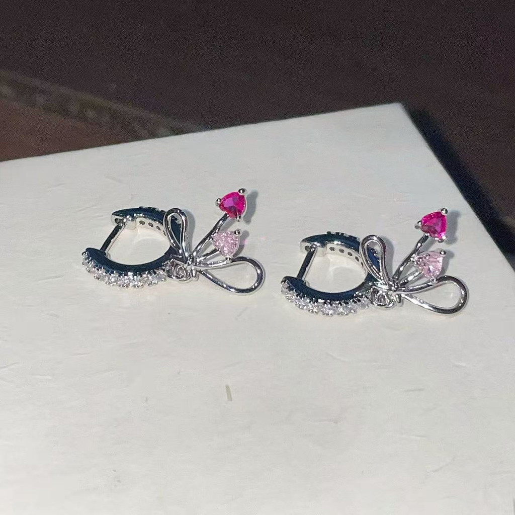 Thời trang khí chất nơ tình yêu zircon tinh tế đầy đủ kim cương cá tính bông tai nữ đa năng