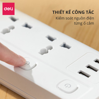 Ổ Cắm Điện DELI từ 2-12 Lỗ Cắm - Tích Hợp Cổng USB Type C Công Suất 2500W - 3250W Chống Giật An Toàn