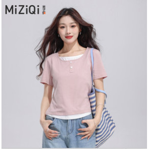【MiZiQi】 Áo thun ngắn tay giả hai mảnh cotton nguyên chất dành cho nữ, áo giảm béo mùa hè cho nữ