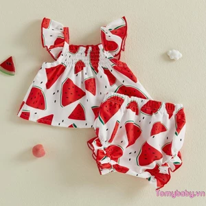 2 Bộ Trang Phục Mùa Hè Cho Bé Gái In Hình Dễ Thương Viền Xù Áo Tay Bay + Bộ Quần Short