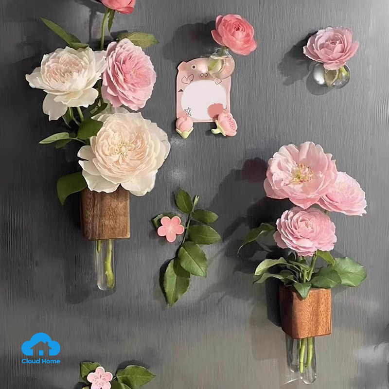 🌤️🌤️Tủ lạnh bằng gỗ thanh lịch Bình ống nghiệm từ tính/ Trang trí nam châm tủ lạnh bình hoa/ Sắp xếp hoa thủy canh DIY