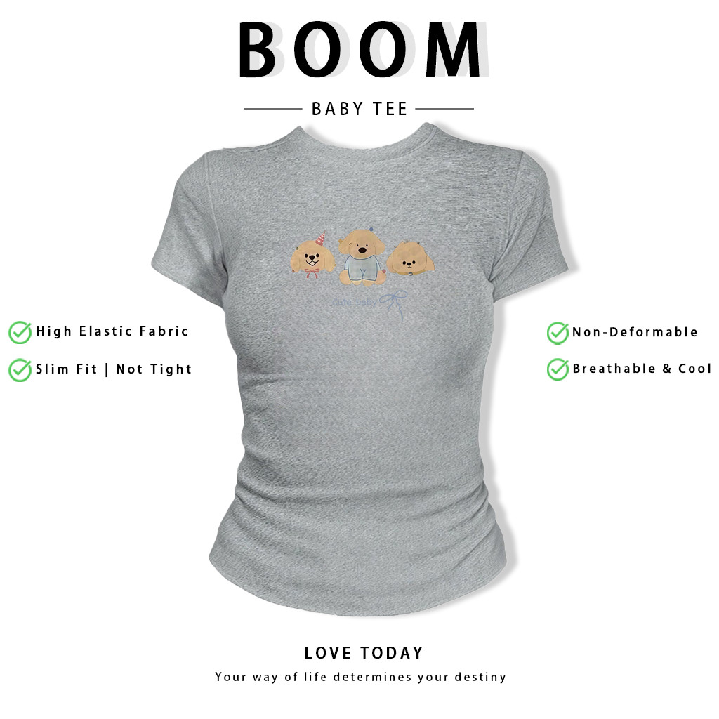 BOOM Áo Baby Tee Nữ Cotton Ôm Body-Áo Thun Ngắn Tay Y2K In Hình PhongCách Mùa Hè, Cổ Tròn Hàng Đầucách hàn quốc phongF30
