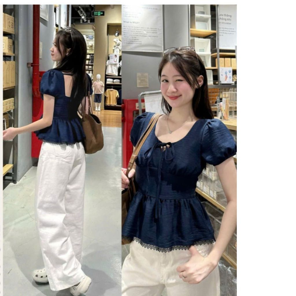 Áo Kiểu Nơ Buộc Bo Eo Tay Bồng Pha Ren A31177 Thời Trang Nữ Bigsize - SamHi Closet