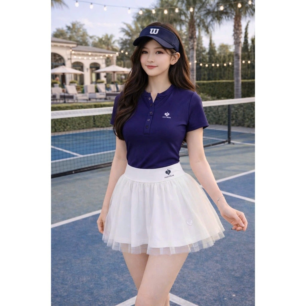 [Pickleball 26.QC1] Bộ tập Pickleball nữ,Áo cổ cúc mix Chân Váy Phối Voan Lưới Có Quần Bảo Bộ, Váy Tennis, Pickleball,..