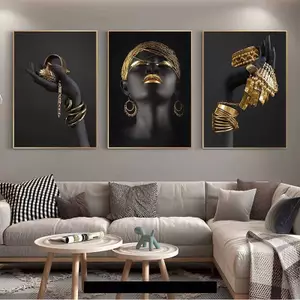 Người phụ nữ châu Phi cầm poster vàng bạc không khung tranh canvas trang trí tường phòng khách