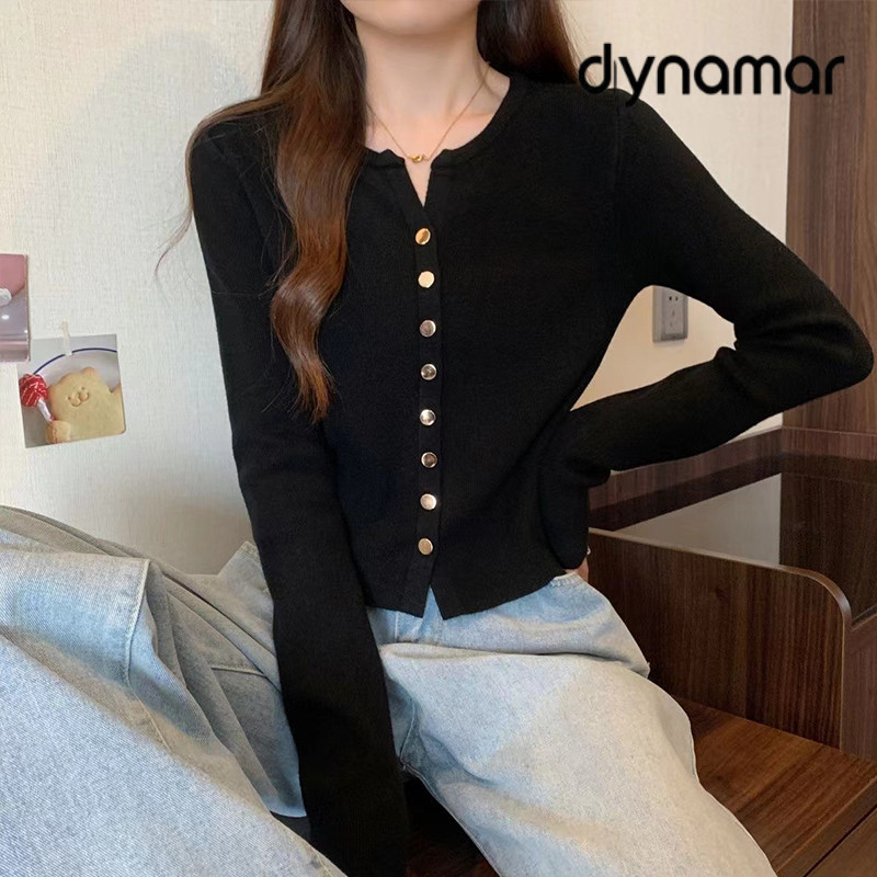 【dynamar】Áo khoác cardigan dệt kim kiểu dáng thanh lịch, cài khuy đơn, chất liệu kim loại, dành cho nữ, màu trơn.