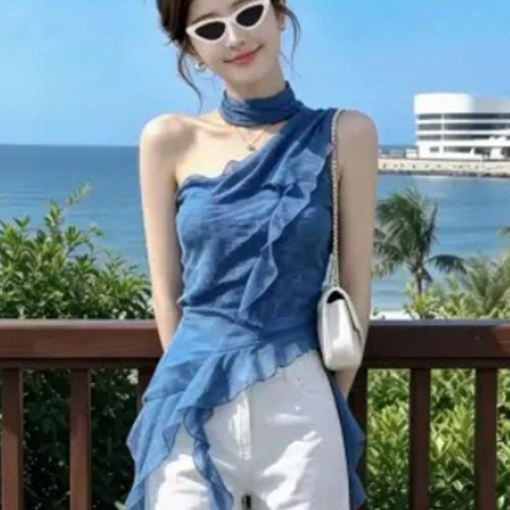[Lấy điên cuồng có hạn trong thời gian] Mùa hè 2026 Phong cách mới Pháp Đẹp Ruy băng sang trọng Màu xanh không tay Áo sơ mi voan kỳ nghỉ bên bờ biển cay ngọt ngào