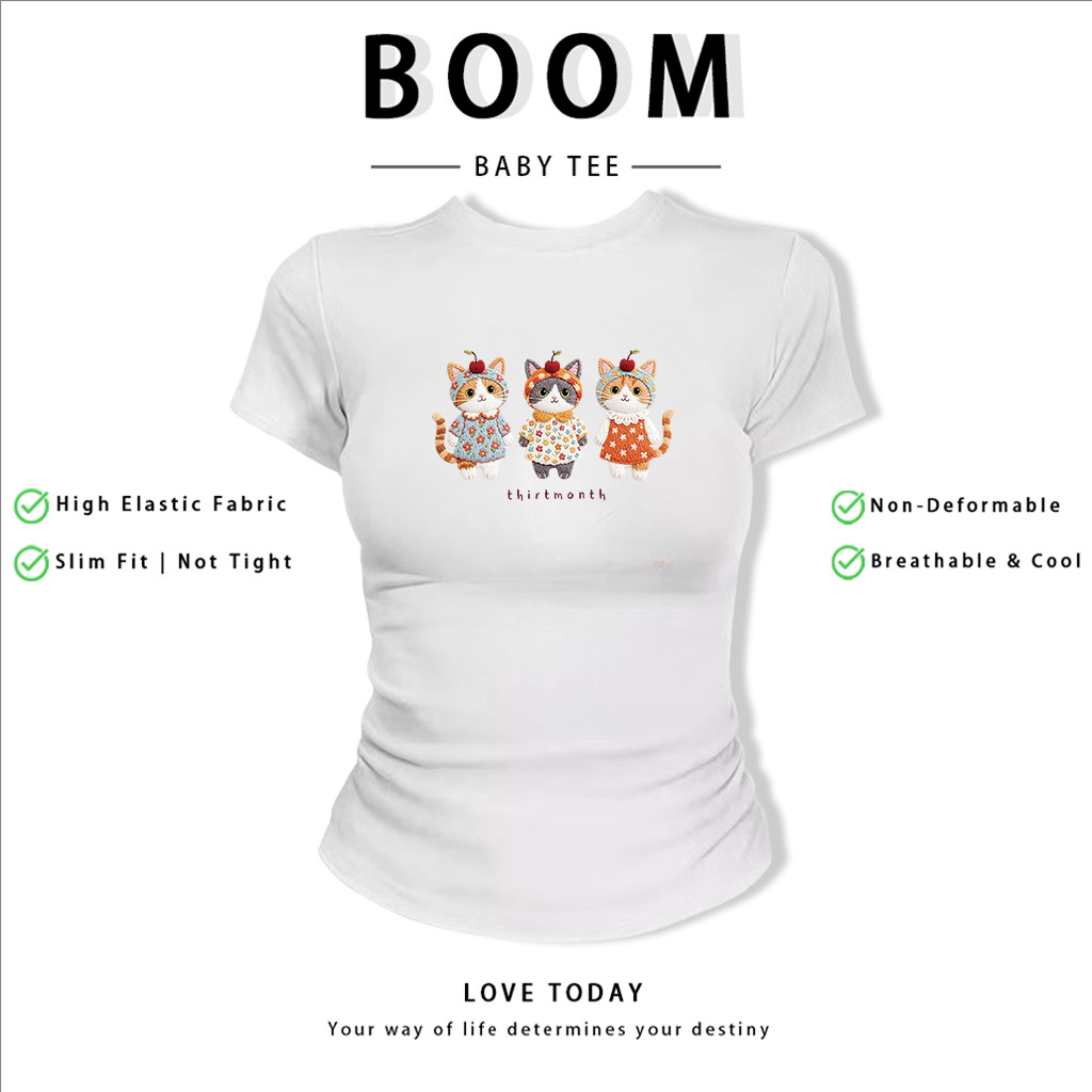 BOOM Áo Baby Tee Nữ Cotton Ôm Body-Áo Thun Ngắn Tay Y2K In Hình PhongCách Mùa Hè, Cổ Tròn Hàng Đầucách hàn quốc phongC29