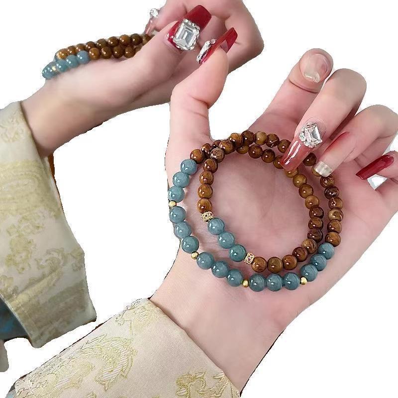 Phong Cách Mới Quả óc chó Đính Hạt Vòng Tay Tối Giản Nước Xanh Tròn Hạt Đôi Vòng Lắc Tay Niche Trang Sức Thời Trang