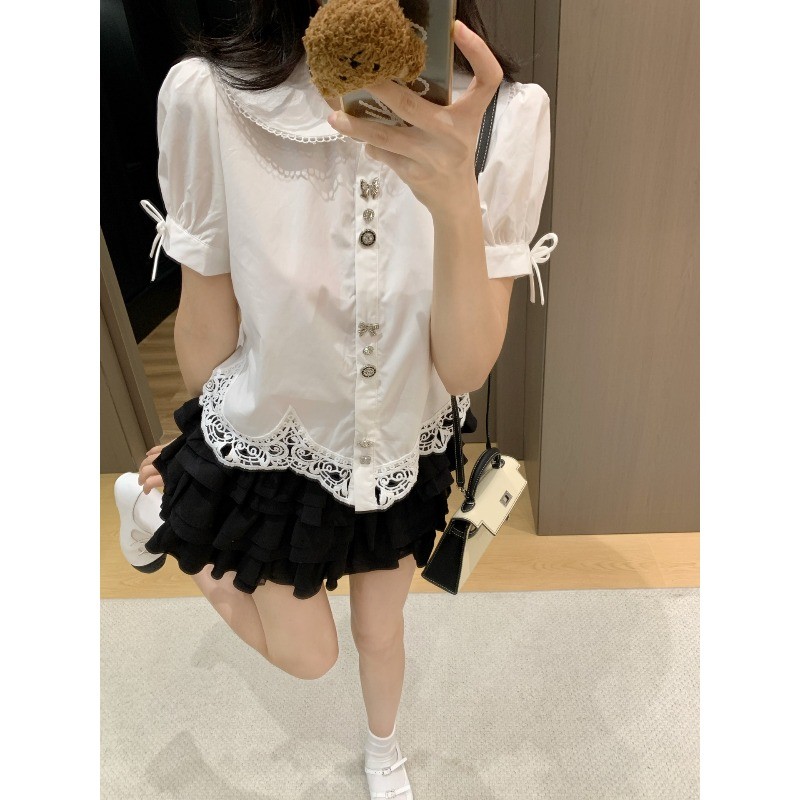 Áo sơ mi nữ phong cách mới có cổ búp bê và viền ren
