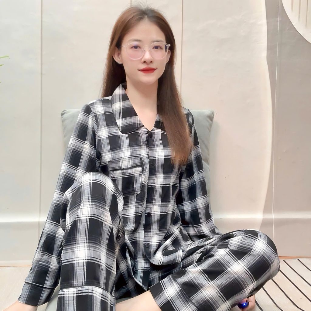 [Tay Dài] Đồ bộ cổ sen viền lé tay dài quần dài lụa mango cao cấp từ 45 đến 76kg