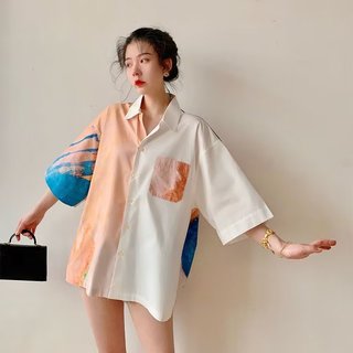 Áo sơ mi nam tay ngắn phong cách Hồng Kông, họa tiết tranh sơn dầu, thiết kế trung tính cao cấp