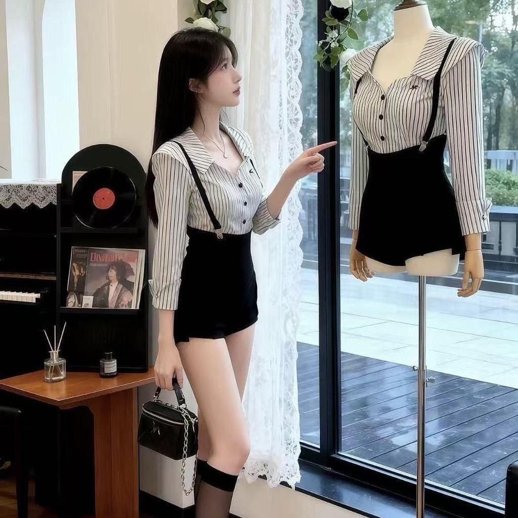 [Seckill có hạn trong thời gian] Bộ đồ Preppy bán chạy Một bộ áo sơ mi sọc thời trang hàng đầu Dây đeo phù hợp Quần short mới Bộ đồ hai mảnh