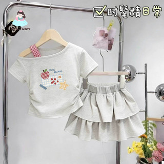 Bộ đồ bé gái lệch vai in hình trái cây - Áo nhún eo váy tầng xếp ngọt ngào năng động