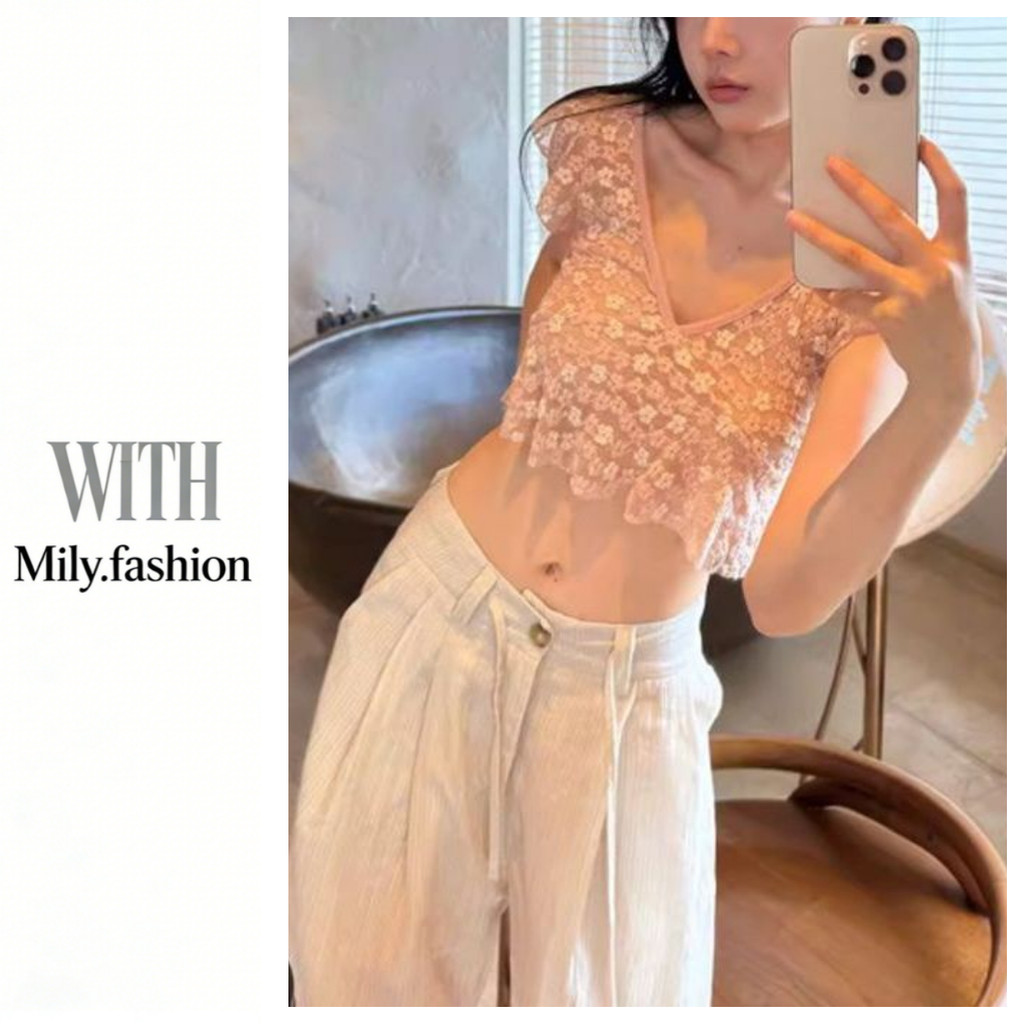Milyfashion Gợi Cảm Lá Sen Tay Nhìn Xuyên Rỗng Ren Cổ Chữ V Sâu Rốn Mở Rộng T Mỏng Ngắn Top Bé tee Quần Áo Nữ