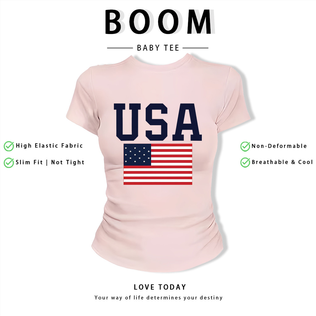 BOOM Áo Baby Tee Nữ Cotton Ôm Body-Áo Thun Ngắn Tay Y2K In Hình PhongCách Mùa Hè, Cổ Tròn Hàng Đầucách hàn quốc phongR36