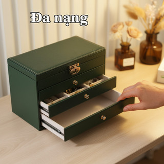 Hộp đựng đồ trang sức 3 tầng bằng da PU Ngăn kéo tổ chức Vòng cổ Bông tai Hộp đựng phụ nữ