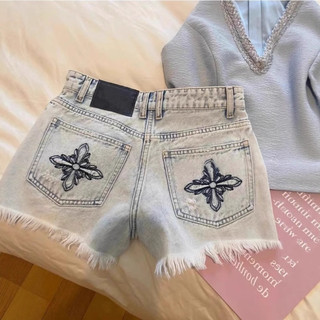Quần short jean cạp cao ống thẳng nữ | Thêu viền tua rua size lớn | Hè 2026 hàng ngày