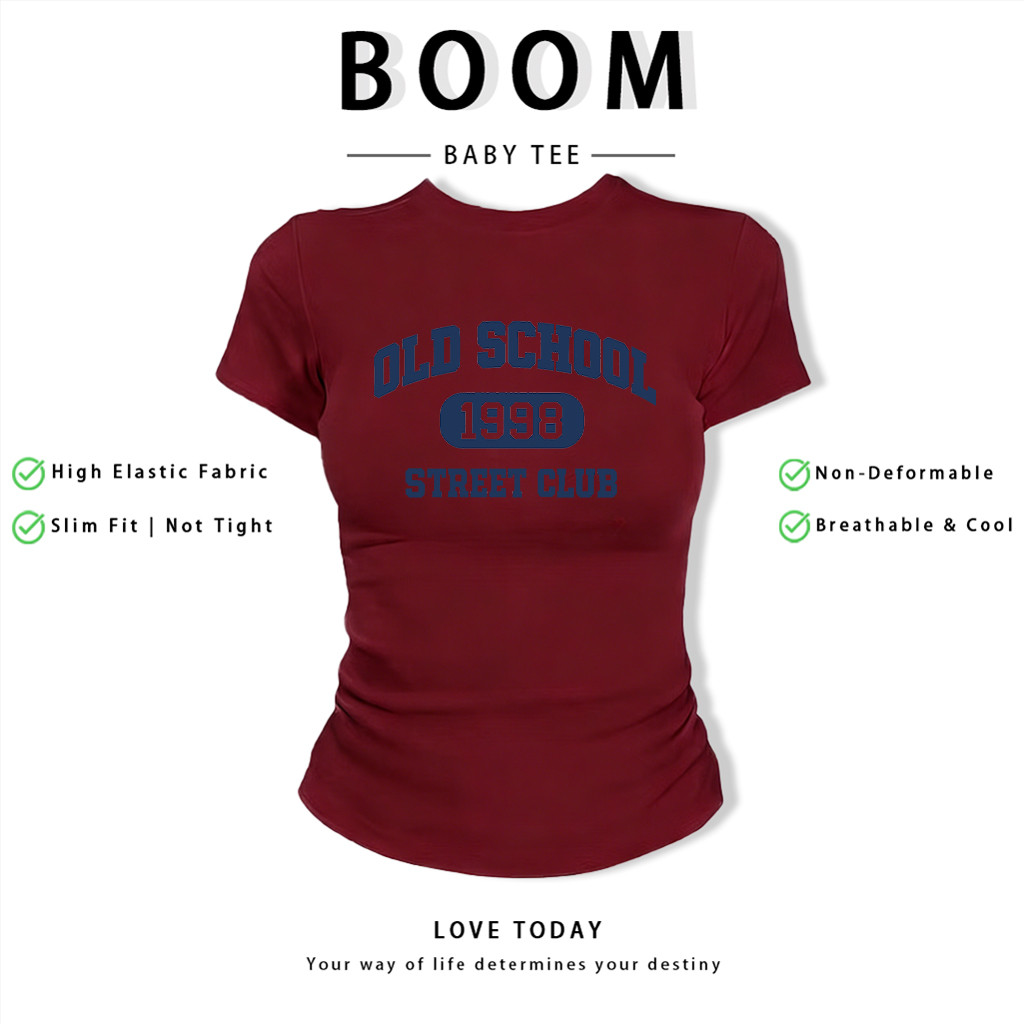 BOOM Áo Baby Tee Nữ Cotton Ôm Body-Áo Thun Ngắn Tay Y2K In Hình PhongCách Mùa Hè, Cổ Tròn Hàng Đầucách hàn quốc phongA48