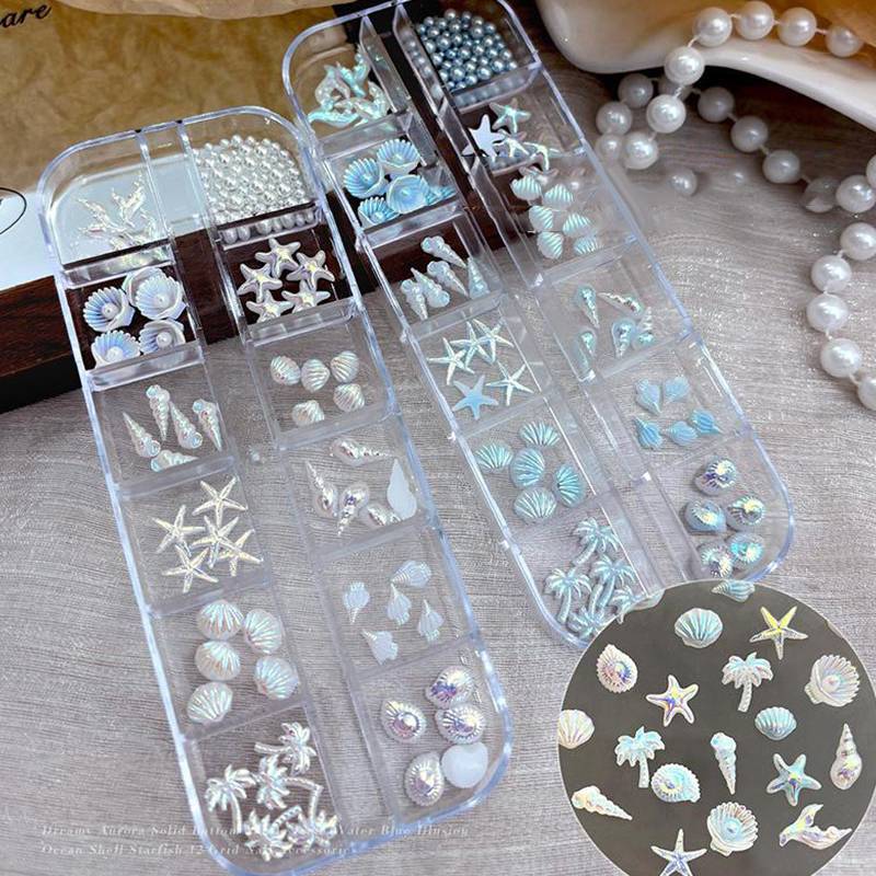 JRP 12 Lưới / Hộp Màu Xanh Trắng Móng Tay Charm Shell Ngọc Trai Sao Biển Nàng Tiên Cá Đuôi 3d Móng Tay Nghệ Thuật Phụ Kiện Cho Một Giấc Mơ Và Đại Dương Làm Móng Tay Nhìn JRP