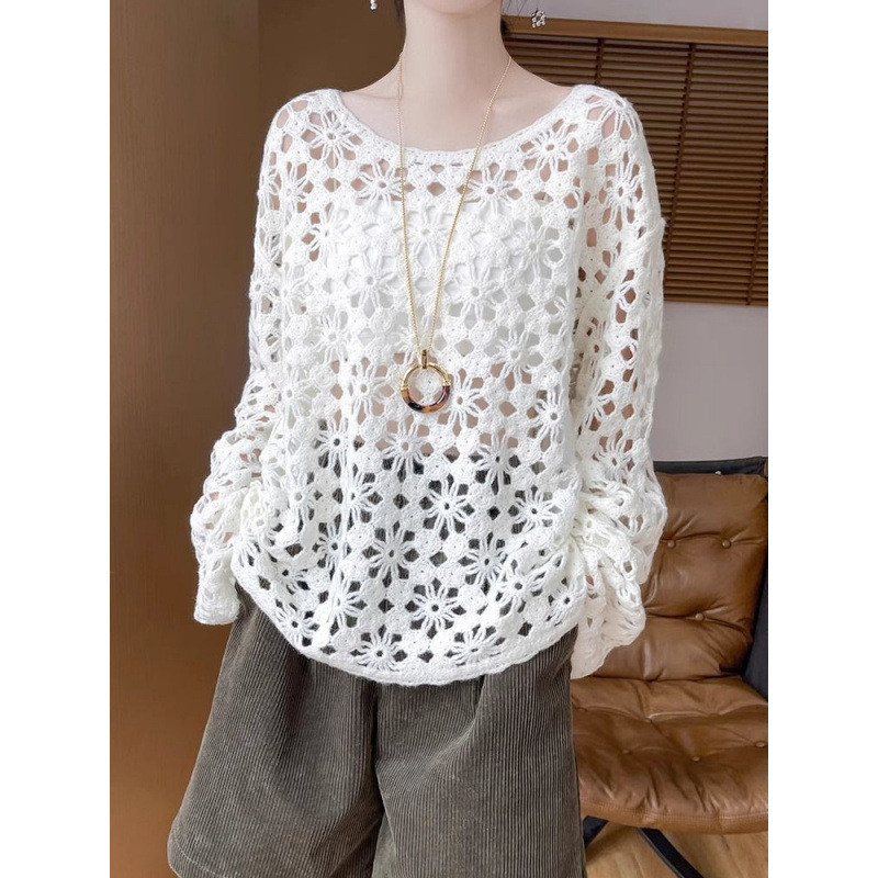 Mới Phong Cách Trung Hoa Móc Cutout Dệt Kim Nữ Phong Cách Lười Đi Làm Áo