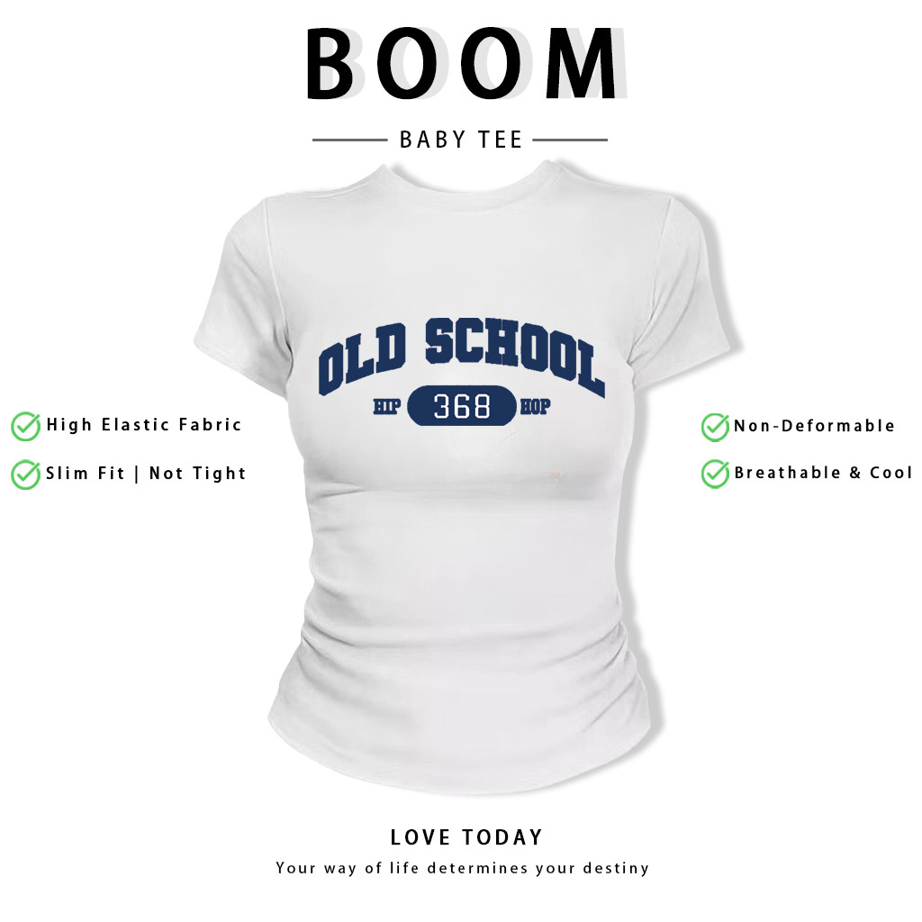 BOOM Áo Baby Tee Nữ Cotton Ôm Body-Áo Thun Ngắn Tay Y2K In Hình PhongCách Mùa Hè, Cổ Tròn Hàng Đầucách hàn quốc phongV24