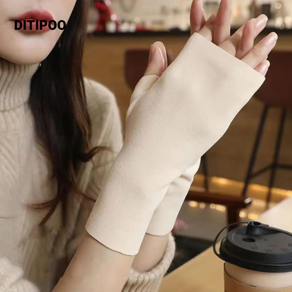 Găng tay không ngón DITIPOO, Găng tay nửa ngón bảo vệ lòng bàn tay màu trơn, Găng nửa ngón nhung mềm mại thoải mái đi xe đạp mùa đông