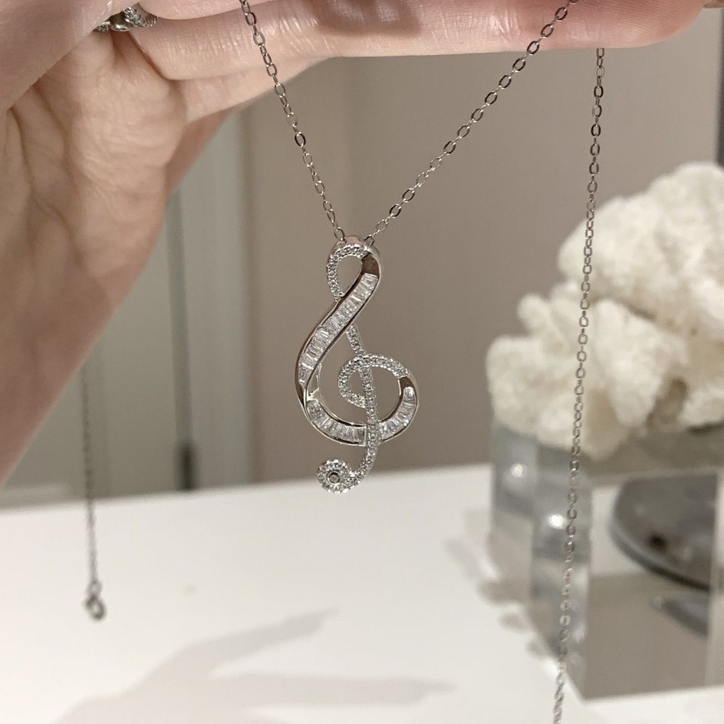 Vòng cổ Clef Treble lấp lánh, Mặt dây chuyền ghi chú âm nhạc bạc với kim cương giả, Trang sức tối giản dành cho những người yêu thích âm nhạc