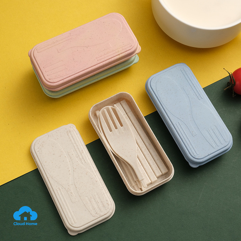 🌤️COD🌤️Bộ 3 Món thìa đũa dĩa Bộ đồ ăn bằng nhựa rơm lúa mì an toàn cho sức khỏe Bộ đồ ăn di động lúa mì