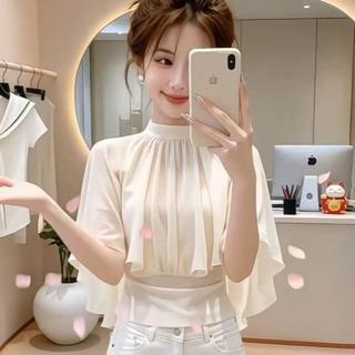 Áo sơ mi voan kiểu Pháp dành cho nữ mùa hè Áo choàng cổ tròn tay áo búp bê dáng hẹp Phong cách nhẹ nhàng dáng ôm hơn Niche Phong cách thời trang