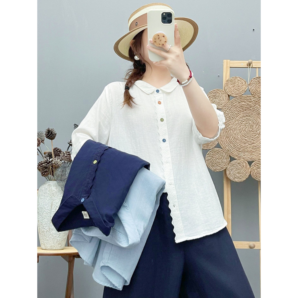 Áo Sơ Mi Nữ Sợi Cotton Cao Cấp Mùa Hè Pháp Văn Học, Ren Placket, Nút Màu, Tay Năm Điểm