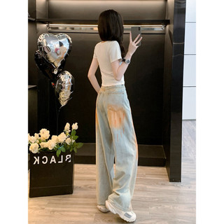 Bộ áo thun ôm dáng cổ chữ U in chữ nổi 3D và quần jean rách phong cách Mỹ Trẻ Trung cho Nữ mùa Hè