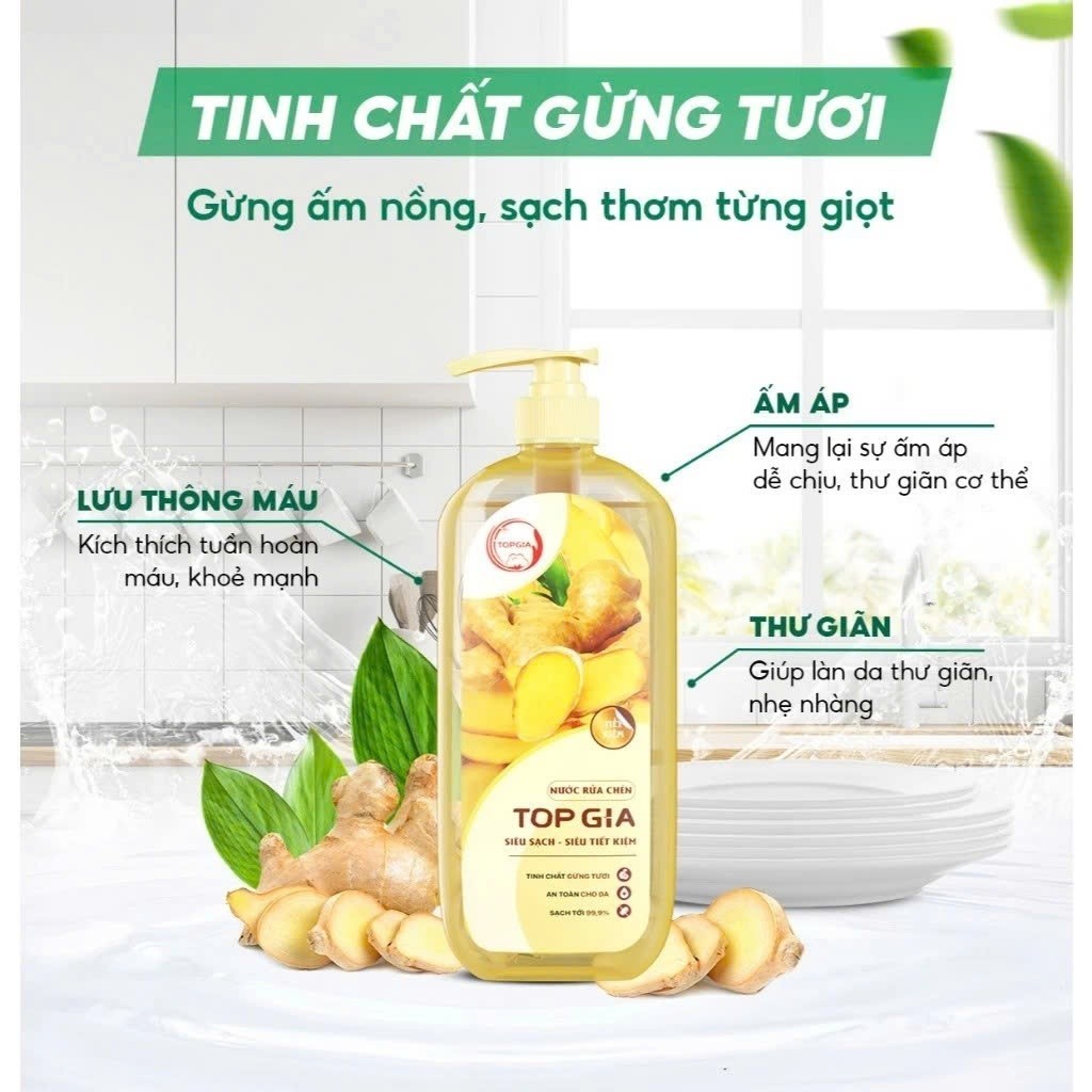Nước Rửa Chén Bát Top Gia Chai 1Kg Hương Bưởi Hồng, Gừng Tươi, Chanh Tươi Chiết Xuất Tự Nhiên An Toàn Cho Da Tay