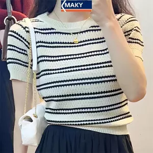 Maky Áo Thun Dệt Kim Mùa Hè Mới, Sọc Tay Ngắn Màu Trơn, Giúp Giảm Béo