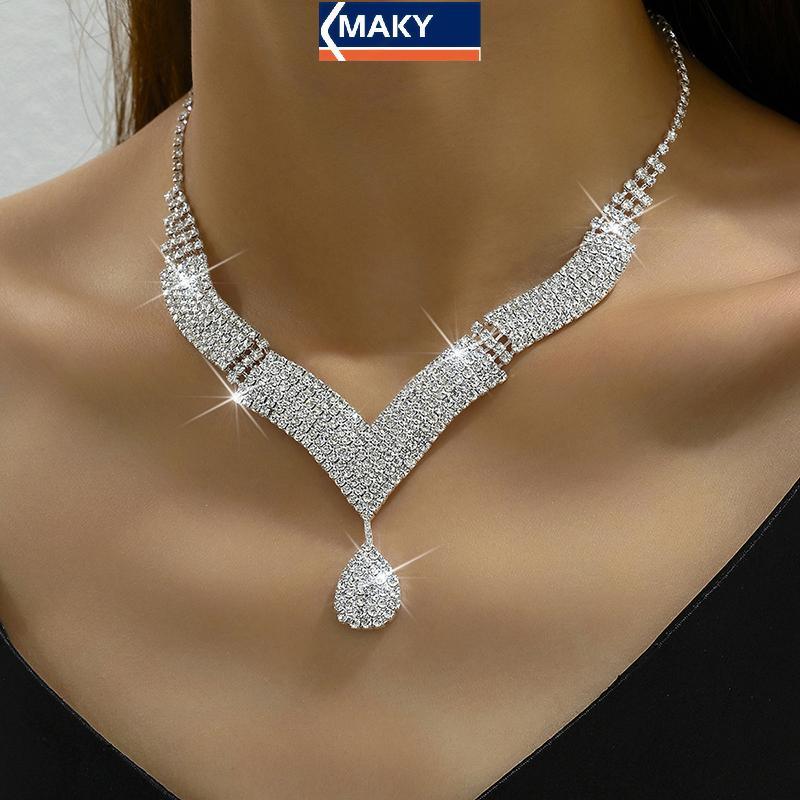 MAKY Bộ Trang Sức Kim Cương Giả Thời Trang - Bông Tai & Dây Chuyền Cho Cô Dâu, Quà Tặng Perfect