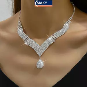 MAKY Bộ Trang Sức Kim Cương Giả Thời Trang - Bông Tai & Dây Chuyền Cho Cô Dâu, Quà Tặng Perfect