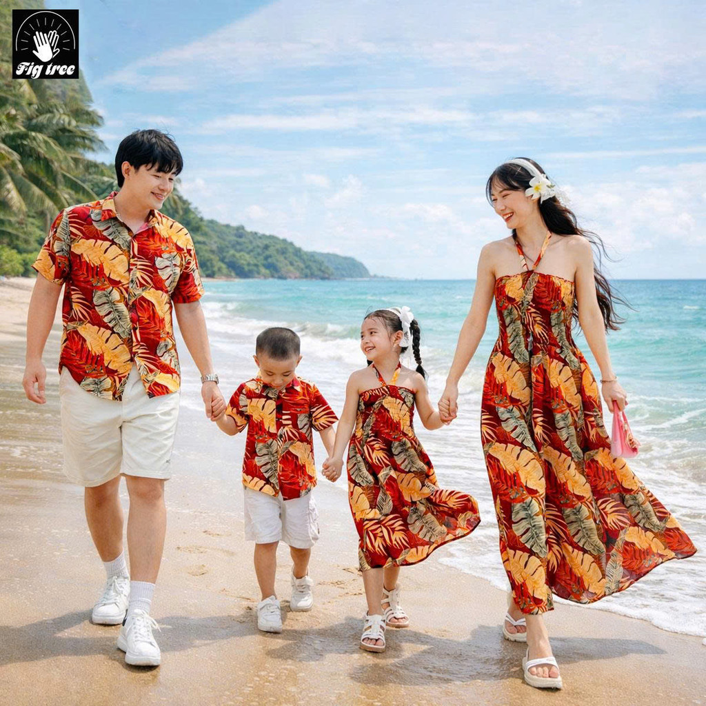 Cận Cảnh Mẫu Gia Đình Đi Biển, Du Lịch Fig Tree, Họa Tiết Lá Đỏ Rực Rỡ, Trendy, kèm Feedback MS 180