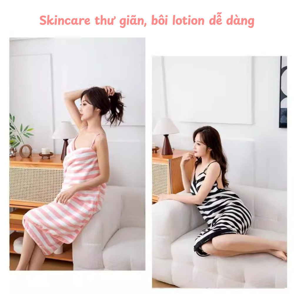Khăn Tắm Dạng Váy 2 Dây Có Thể Điều Chỉnh, Váy Tắm Nữ Vải Bông Lông Cừu San Hô Siêu Thấm Hút