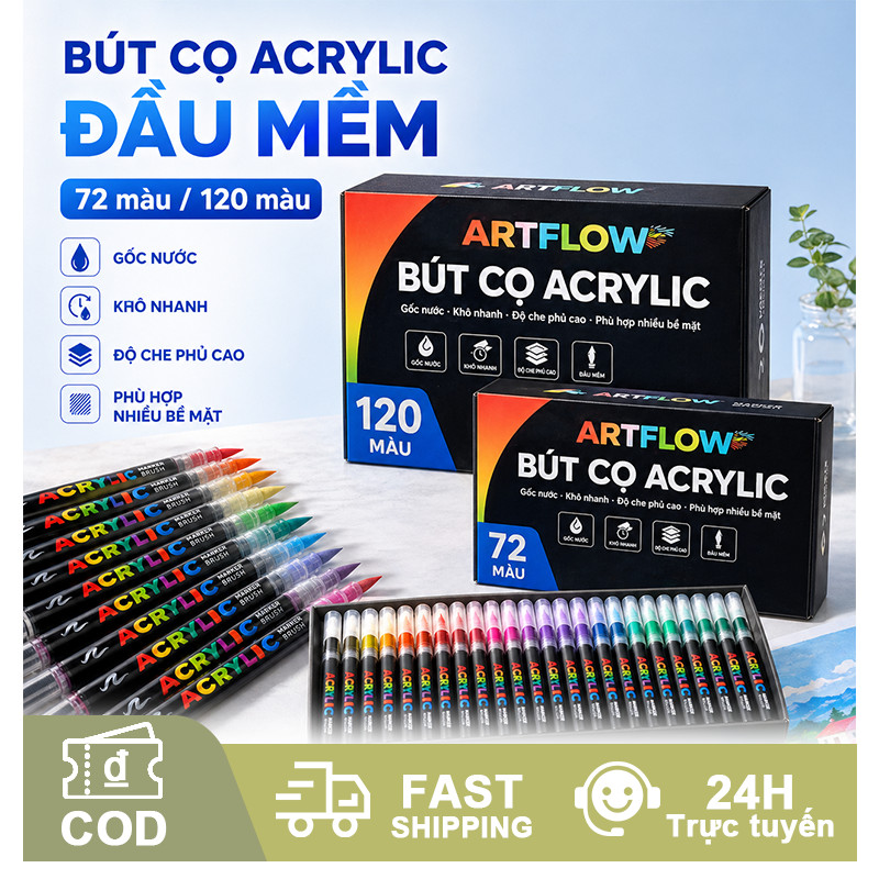 Bút acrylic marker 72/120 màu, hệ thống điều khiển mực lỏng, đầu cọ mềm, màu sắc tươi sáng, dùng trên nhiều vật liệu