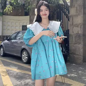 Váy ngắn nữ cho người béo, họa tiết nấm và màu sắc đối lập, thiết kế búp bê