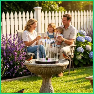 Đài phun nước tắm chim năng lượng mặt trời với đèn LED đầy màu sắc 6 vòi phun 1500mAh Đài phun nước tắm chim ngoài trời cho sân jiwvn