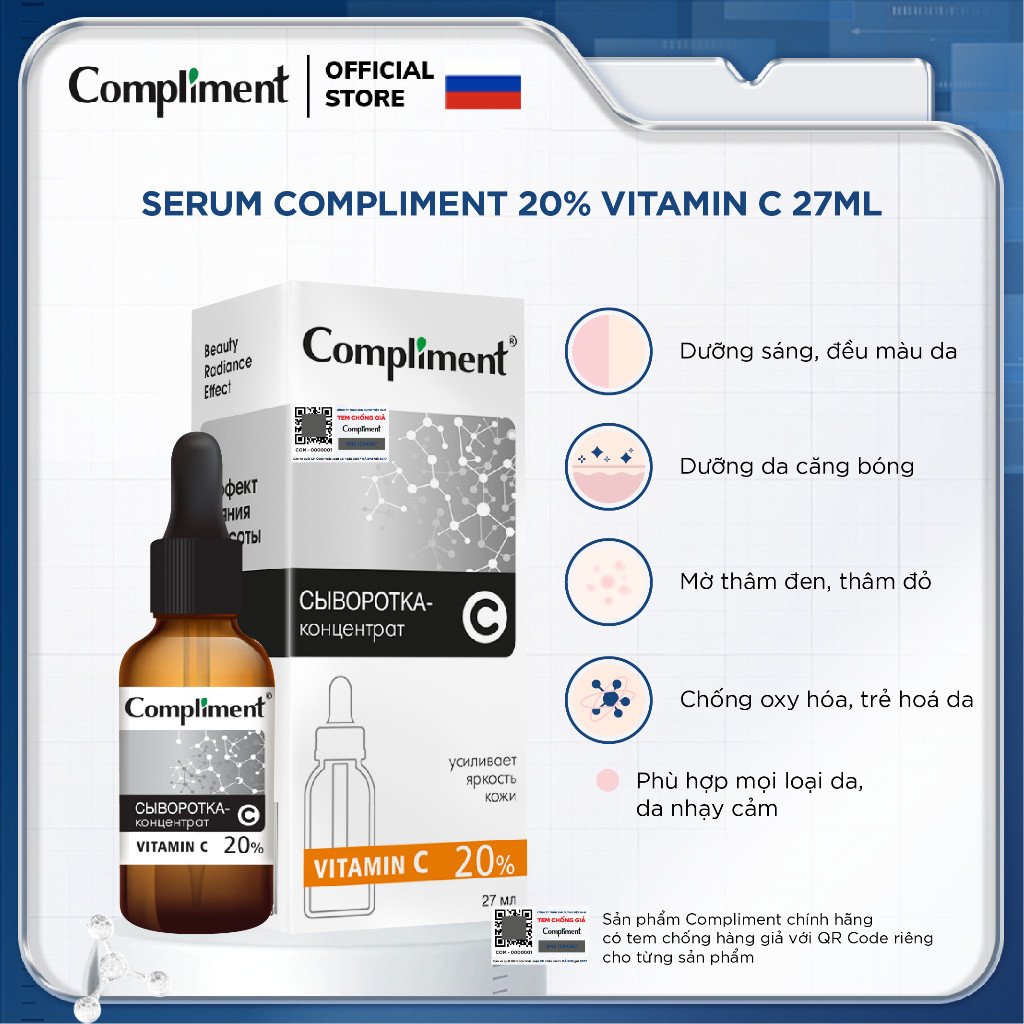 Serum Compliment 20% Vitamin C dưỡng trắng, mờ thâm, căng bóng da, chống lão hóa 27ml