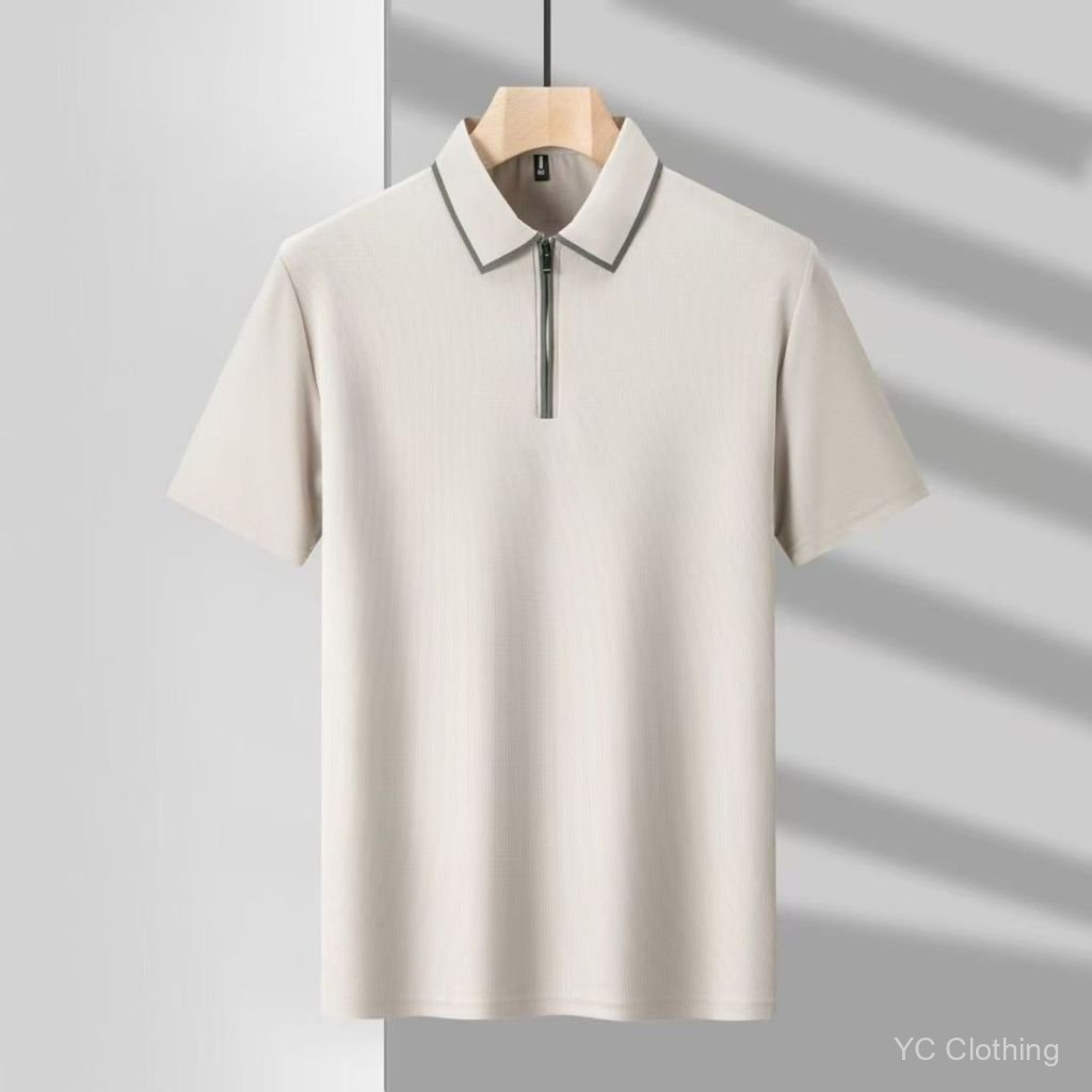 Vải dệt kim bánh quế mới dành cho nam ngắn tay màu trơn cổ rẽ xuống thời trang áo thun nửa tay nam áo polo nửa-zip CGOI