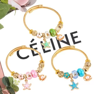 Vòng tay vàng bằng thép không gỉ Pandora Thời trang nữ Nhỏ trong suốt Vỏ sao biển đính cườm Vòng tay mở