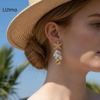 LUImo Nữ Boho Ngọc Trai Thả Bông Tai Sao Biển Thiết Kế Vintage Vàng Trang Sức Cho Đi Biển Kỳ Nghỉ Trang Phục SBS