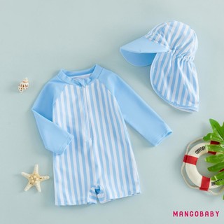 MG-Baby Bé Trai Rash Guard Đồ Bơi Đồ Chơi In Sọc Tay Dài Đồ Bơi Tập Đi Bộ Đồ Tắm Có Mũ Chống Nắng
