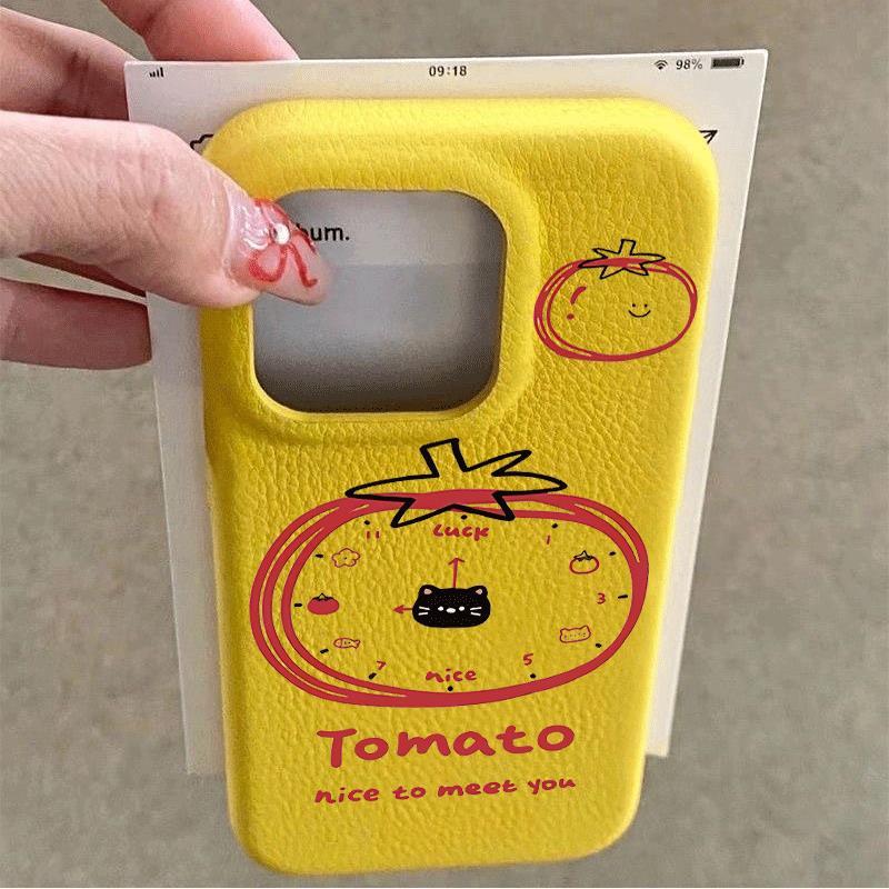 Tomato cà chua đồng hồ mèo cho iPhone 17promax trường hợp iPhone 14/13/12 giả da kết cấu
