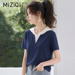 【MiZiQi】Áo thun ngắn tay có mũ trùm đầu cho nữ, áo hai dây giả mùa hè